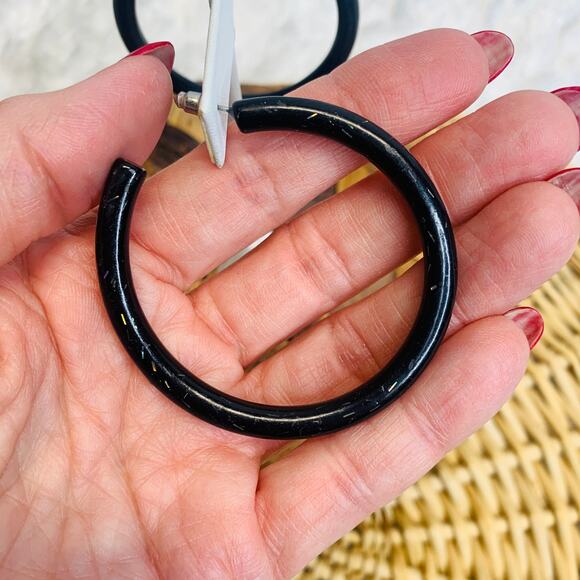 Vintage Black Plastic Glitter Large Hoops 2.25" diameter - Picture 6 of 6